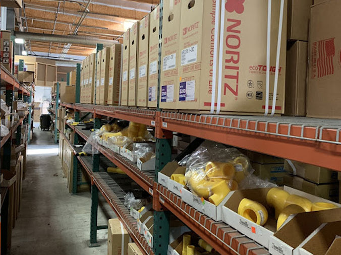 Plumbing supply warehouse shelves at Hajoca El Monte
